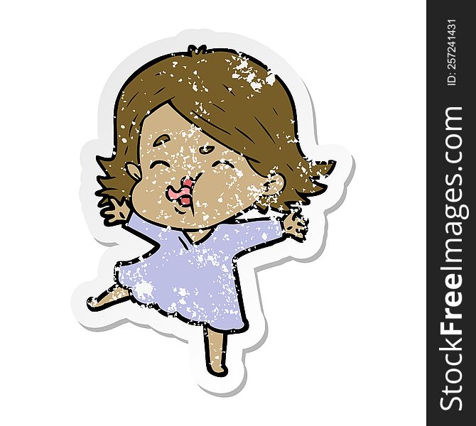 Distressed Sticker Of A Cartoon Girl Pulling Face