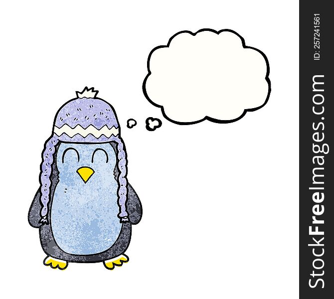 Thought Bubble Textured Cartoon Penguin Wearing Hat