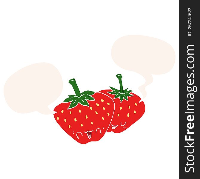 Cartoon Strawberries And Speech Bubble In Retro Style