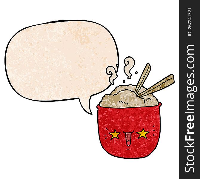 Cartoon Rice Bowl And Face And Speech Bubble In Retro Texture Style
