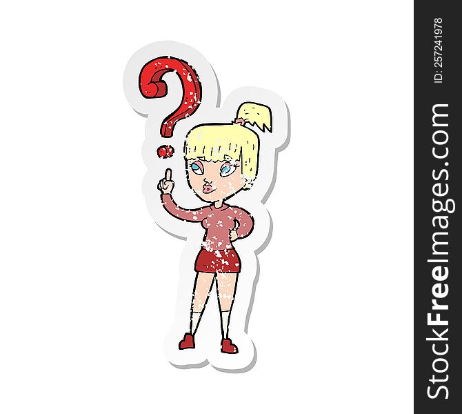 Retro Distressed Sticker Of A Cartoon Woman With Question