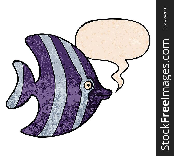 cartoon angel fish with speech bubble in retro texture style