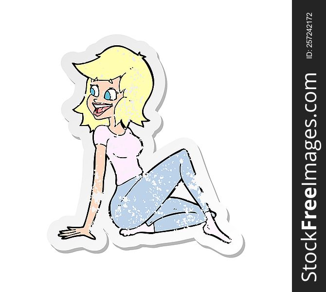 retro distressed sticker of a cartoon pretty woman looking happy