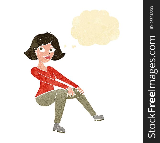 Cartoon Happy Woman Sitting With Thought Bubble