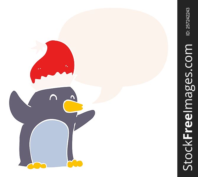 cute cartoon christmas penguin with speech bubble in retro style