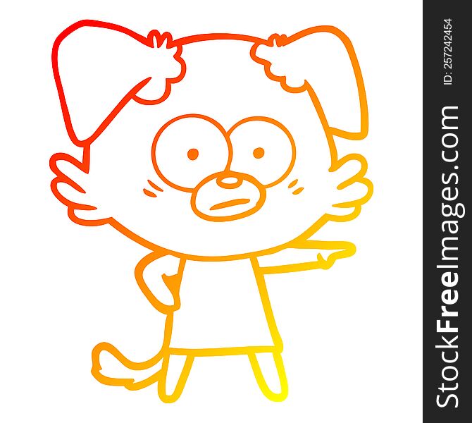 warm gradient line drawing of a nervous cartoon dog in dress pointing
