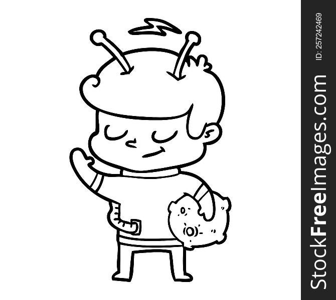 friendly cartoon spaceman holding meteor. friendly cartoon spaceman holding meteor