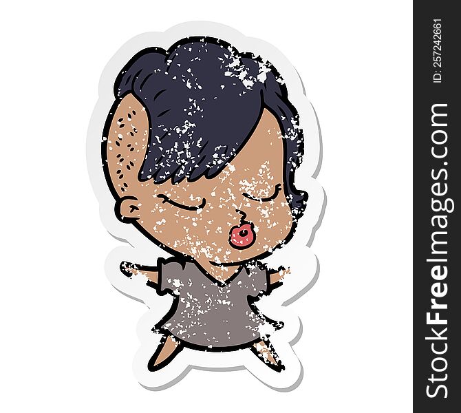 distressed sticker of a cartoon pretty hipster girl
