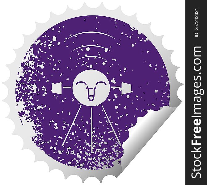 distressed circular peeling sticker symbol of a satellite