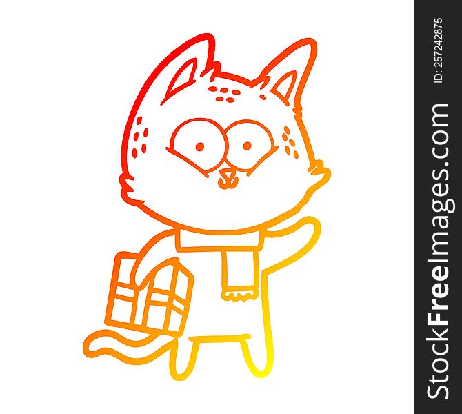 warm gradient line drawing of a cartoon cat holding christmas present