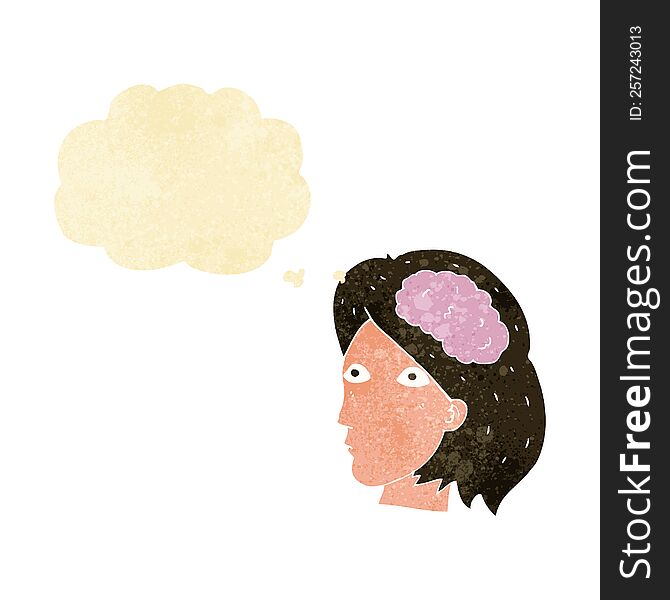 Cartoon Female Head With Brain Symbol With Thought Bubble