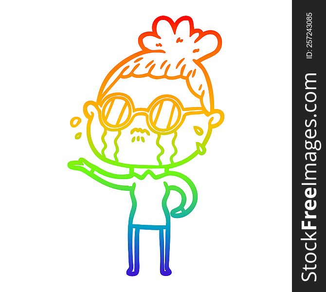 Rainbow Gradient Line Drawing Cartoon Crying Woman Wearing Spectacles