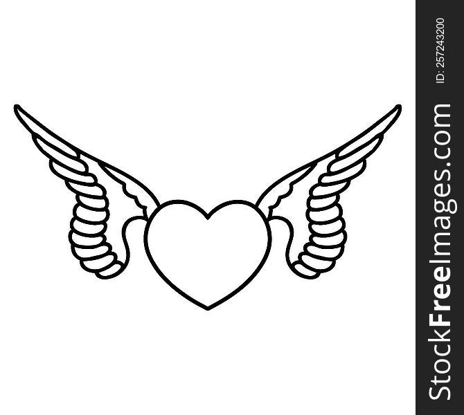 black line tattoo of a heart with wings