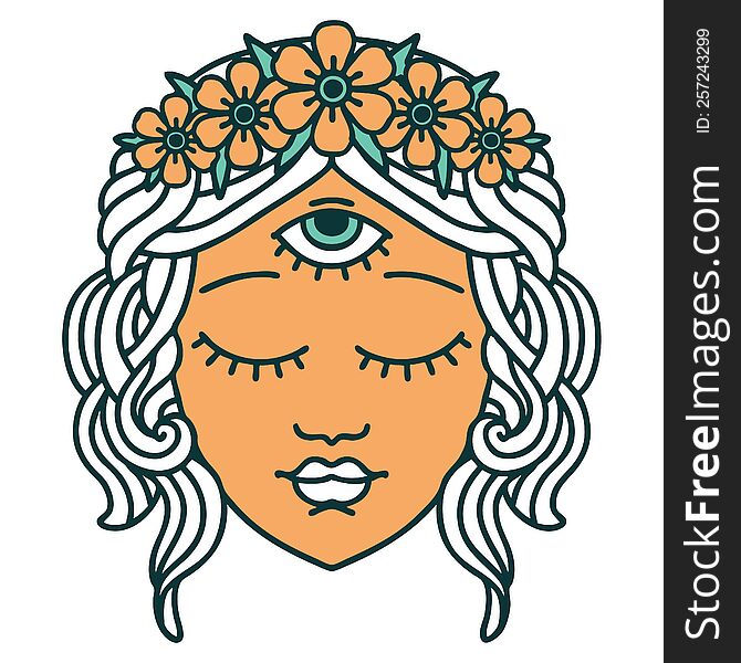 iconic tattoo style image of female face with third eye and crown of flowers. iconic tattoo style image of female face with third eye and crown of flowers