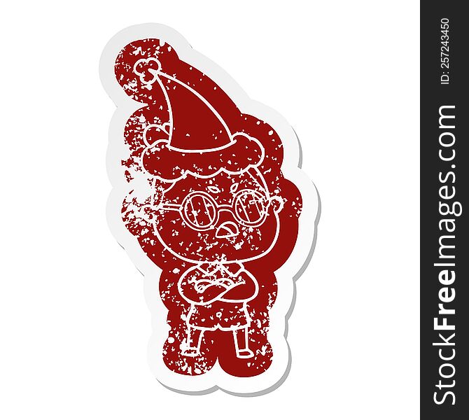 Cartoon Distressed Sticker Of A Annoyed Woman Wearing Santa Hat