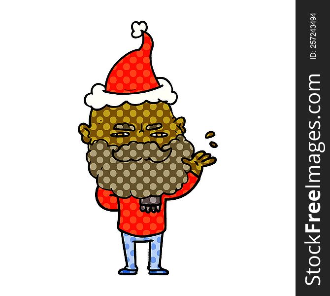 hand drawn comic book style illustration of a dismissive man with beard frowning wearing santa hat