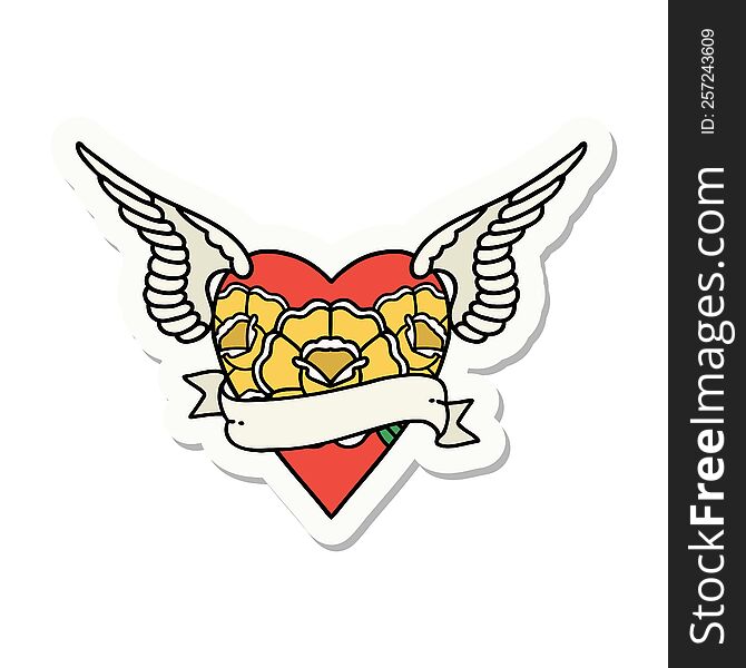 sticker of tattoo in traditional style of heart with wings flowers and banner. sticker of tattoo in traditional style of heart with wings flowers and banner
