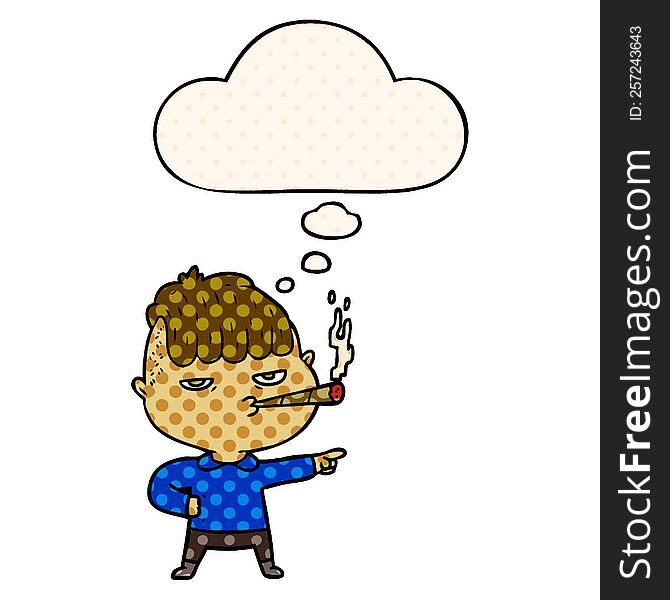 cartoon man smoking with thought bubble in comic book style