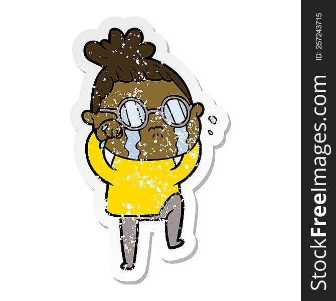 Distressed Sticker Of A Cartoon Crying Woman Wearing Spectacles