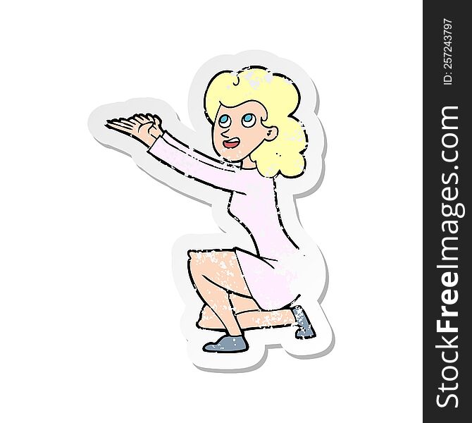 retro distressed sticker of a cartoon woman presentation gesture