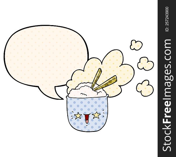 cute cartoon hot rice bowl with speech bubble in comic book style