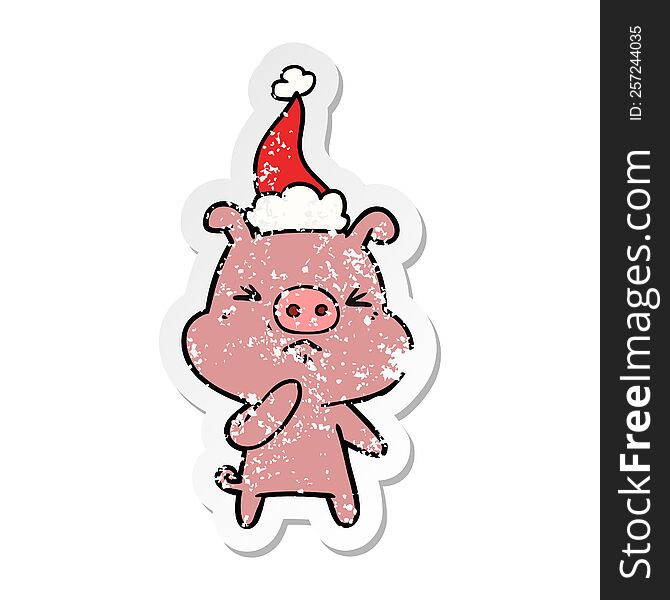 Distressed Sticker Cartoon Of A Angry Pig Wearing Santa Hat
