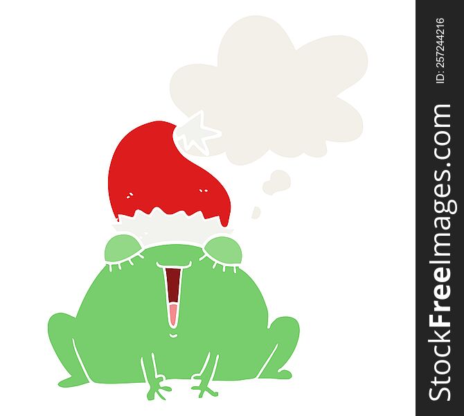Cute Cartoon Christmas Frog And Thought Bubble In Retro Style