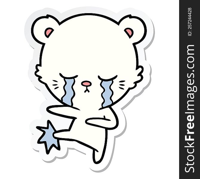 sticker of a crying cartoon polar bear kicking out