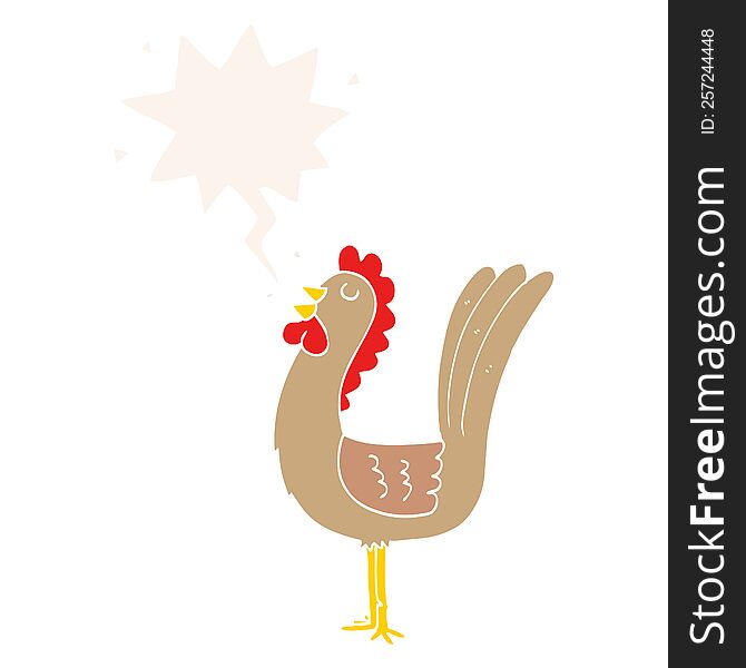 cartoon rooster with speech bubble in retro style