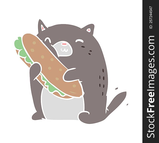 flat color style cartoon cat with sandwich. flat color style cartoon cat with sandwich