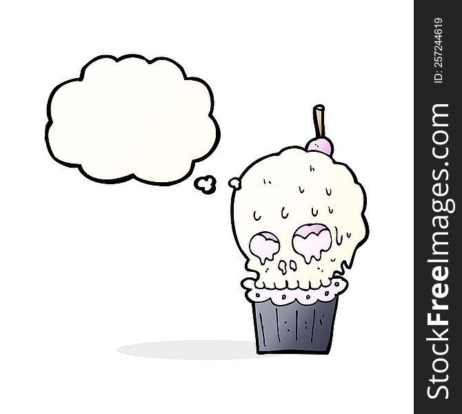 cartoon spooky skull cupcake with thought bubble