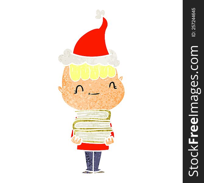 hand drawn retro cartoon of a friendly boy with books wearing santa hat