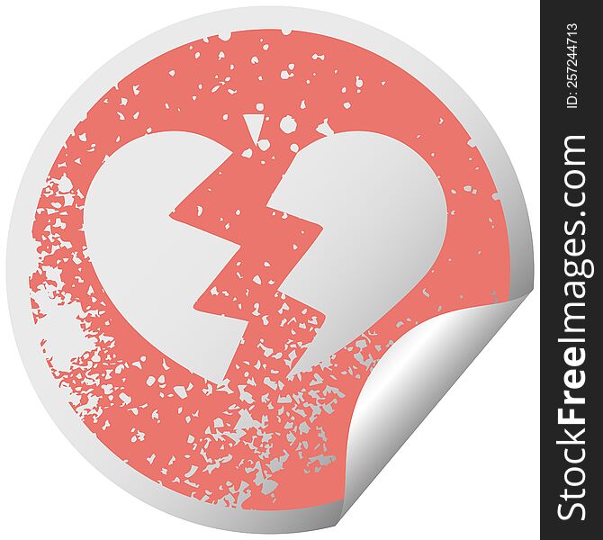 distressed circular peeling sticker symbol of a broken heart