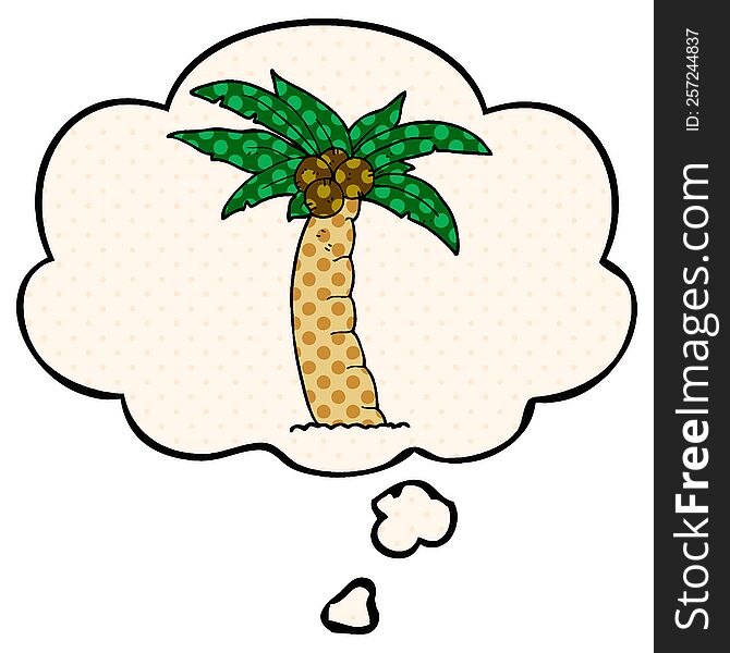 cartoon palm tree with thought bubble in comic book style