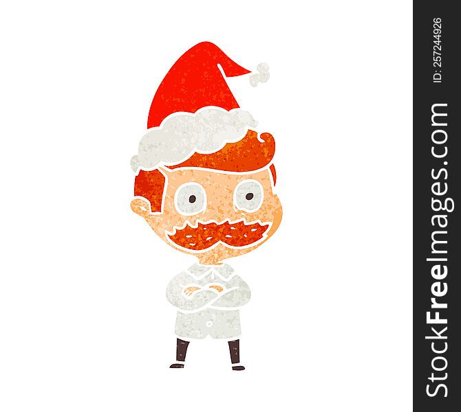 Retro Cartoon Of A Man With Mustache Shocked Wearing Santa Hat