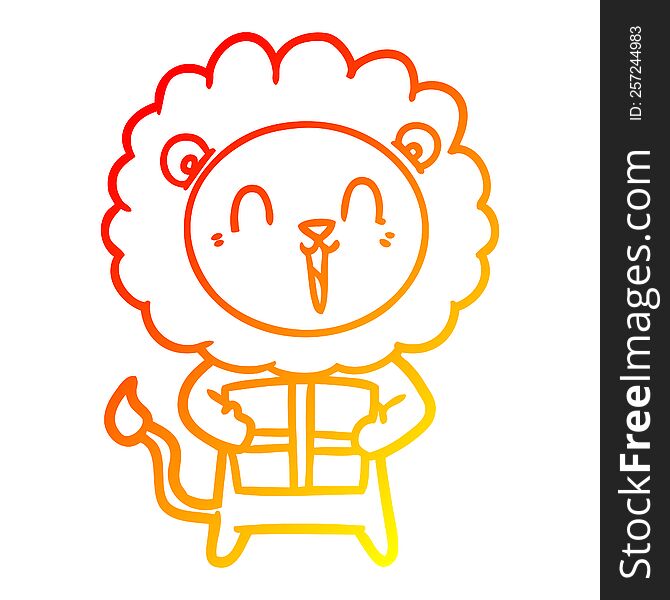 Warm Gradient Line Drawing Laughing Lion Cartoon With Christmas Present