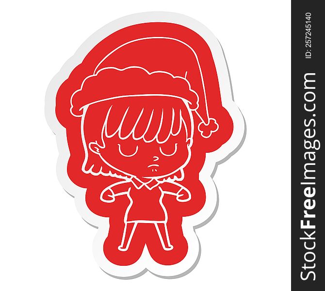 quirky cartoon  sticker of a woman wearing santa hat