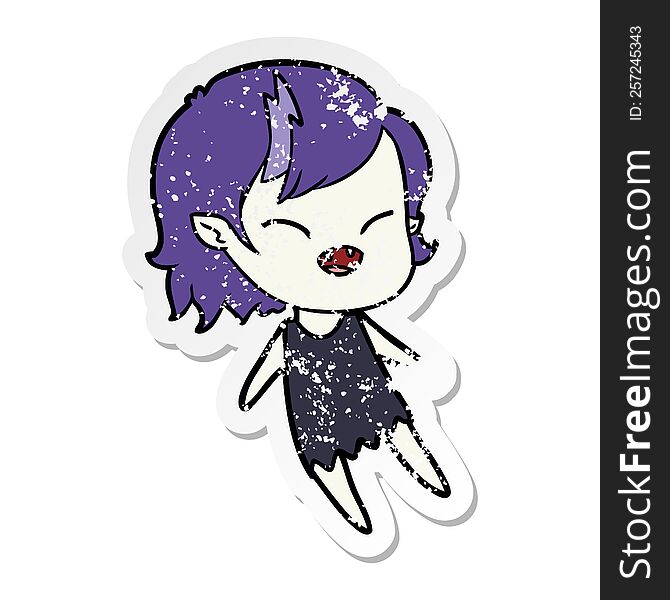 distressed sticker of a cartoon laughing vampire girl floating