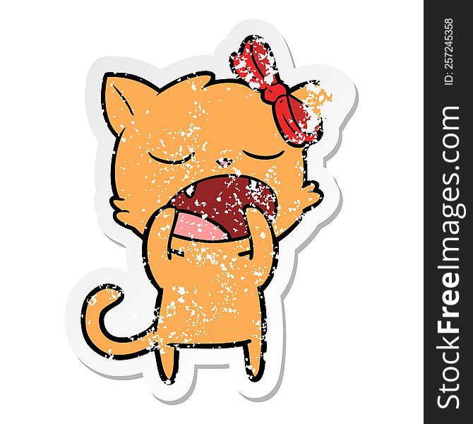 Distressed Sticker Of A Cartoon Yawning Cat