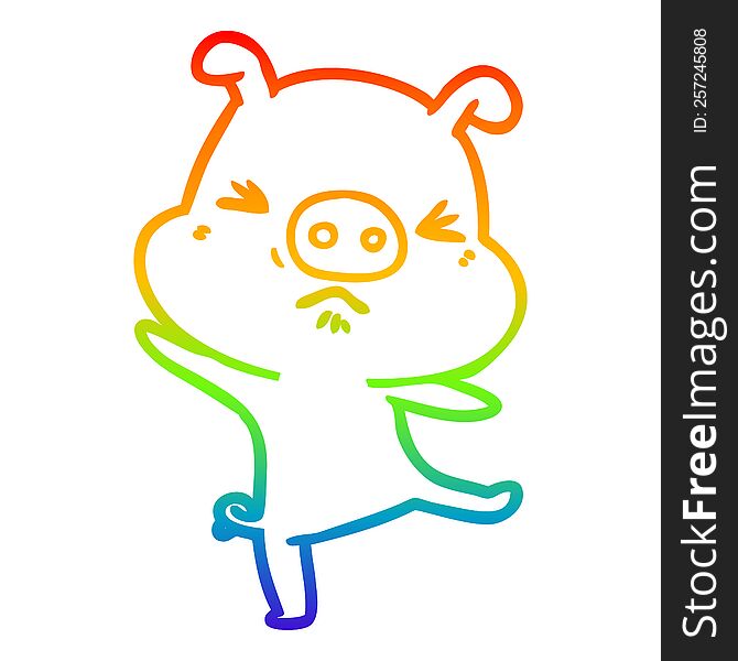 Rainbow Gradient Line Drawing Cartoon Furious Pig