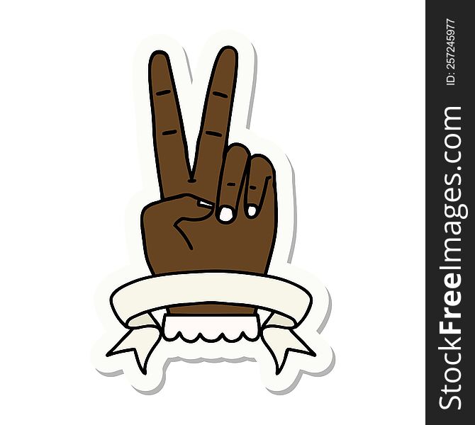 sticker of a peace two finger hand gesture with banner. sticker of a peace two finger hand gesture with banner