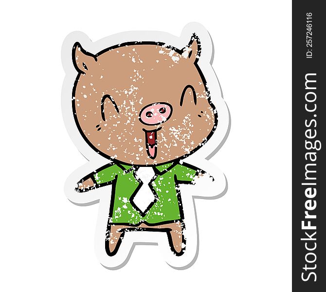 distressed sticker of a happy cartoon pig wearing shirt and tie