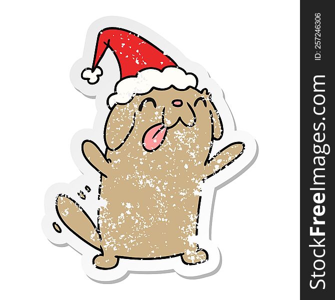 Christmas Distressed Sticker Cartoon Of Kawaii Dog