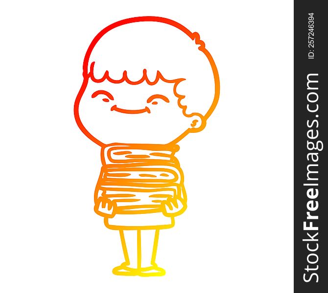warm gradient line drawing of a cartoon happy boy with books