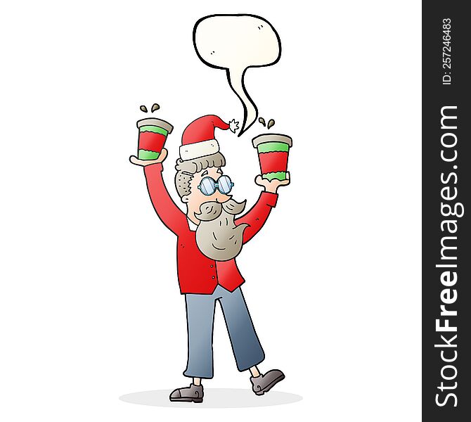 Speech Bubble Cartoon Man With Coffee Cups At Christmas
