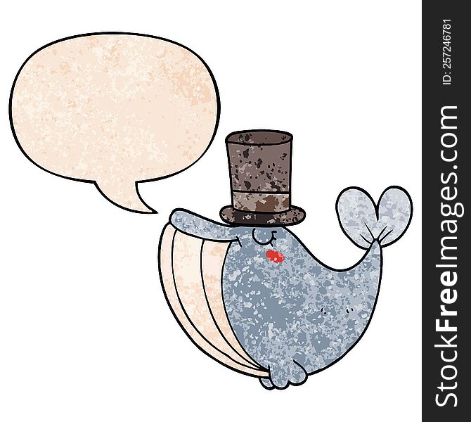 cartoon whale with top hat with speech bubble in retro texture style. cartoon whale with top hat with speech bubble in retro texture style