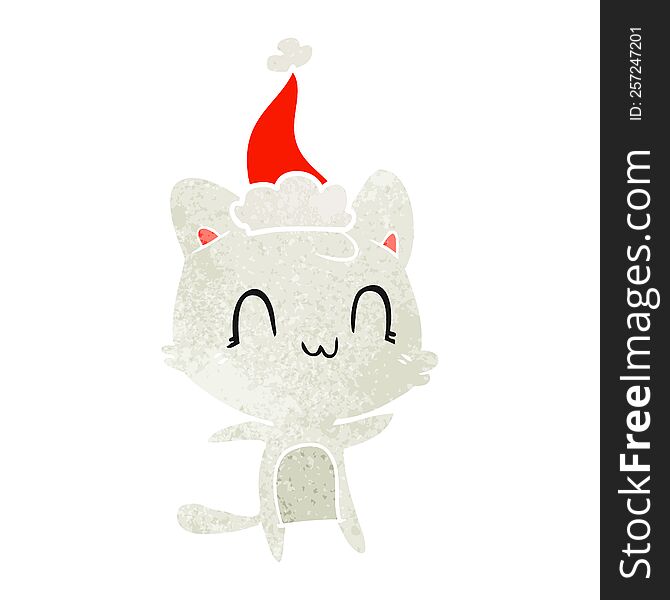 Retro Cartoon Of A Happy Cat Wearing Santa Hat