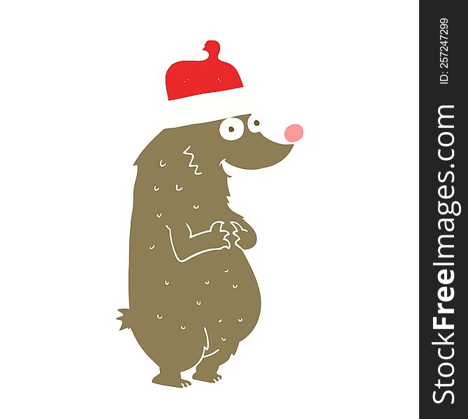 Flat Color Illustration Of A Cartoon Bear Wearing Christmas Hat