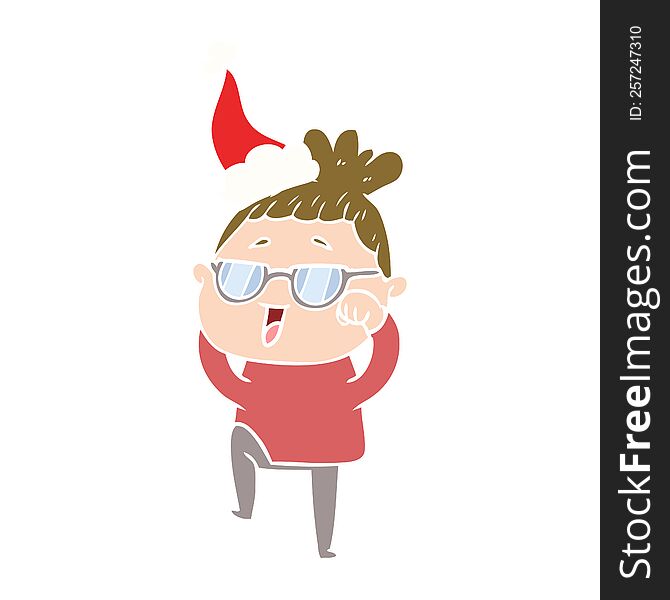 flat color illustration of a happy woman wearing spectacles wearing santa hat