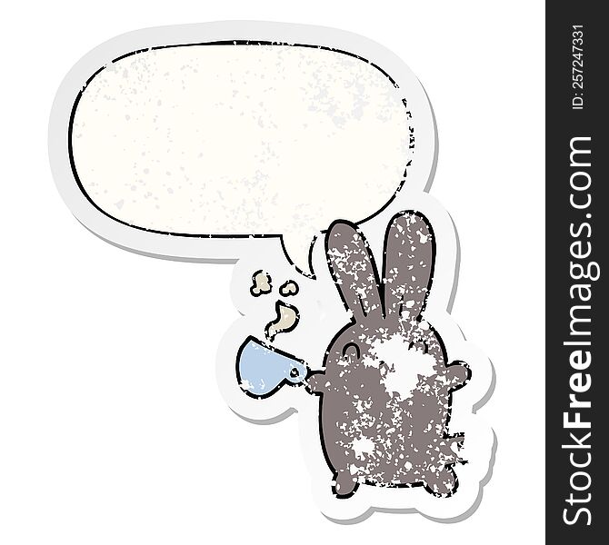 Cute Cartoon Rabbit And Coffee Cup And Speech Bubble Distressed Sticker